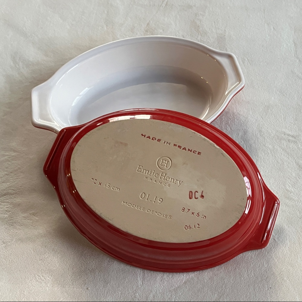Emile Henry 8.7x6 Red and White Stoneware Au Gratin Baking Dish Made in France